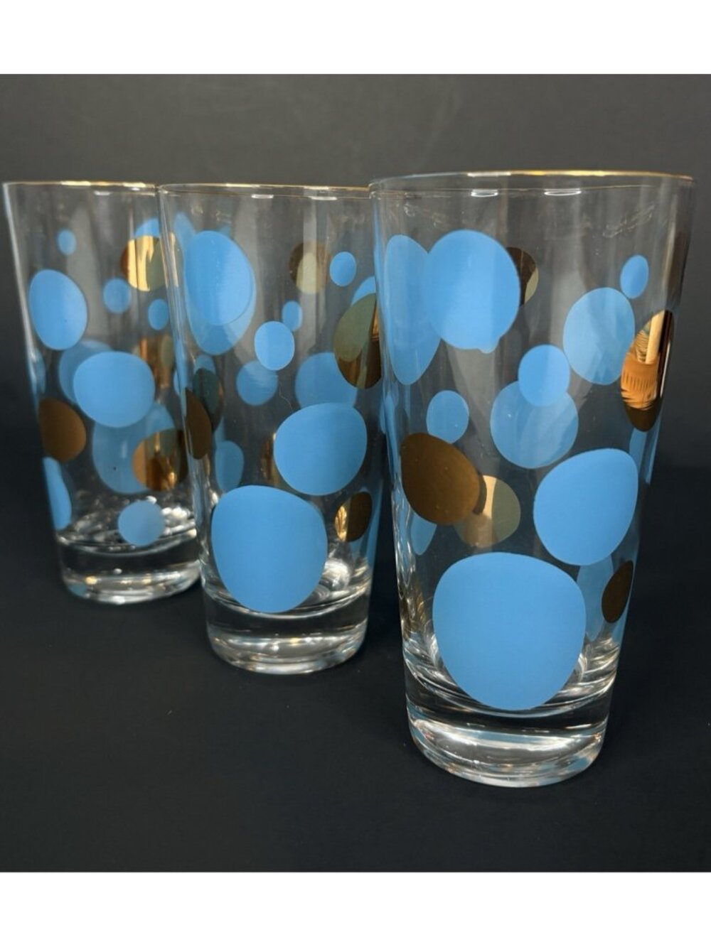 3 Russel Wright Polka Dot Eclipse Tumbler Glass Mid-Century Blue Gold Highball